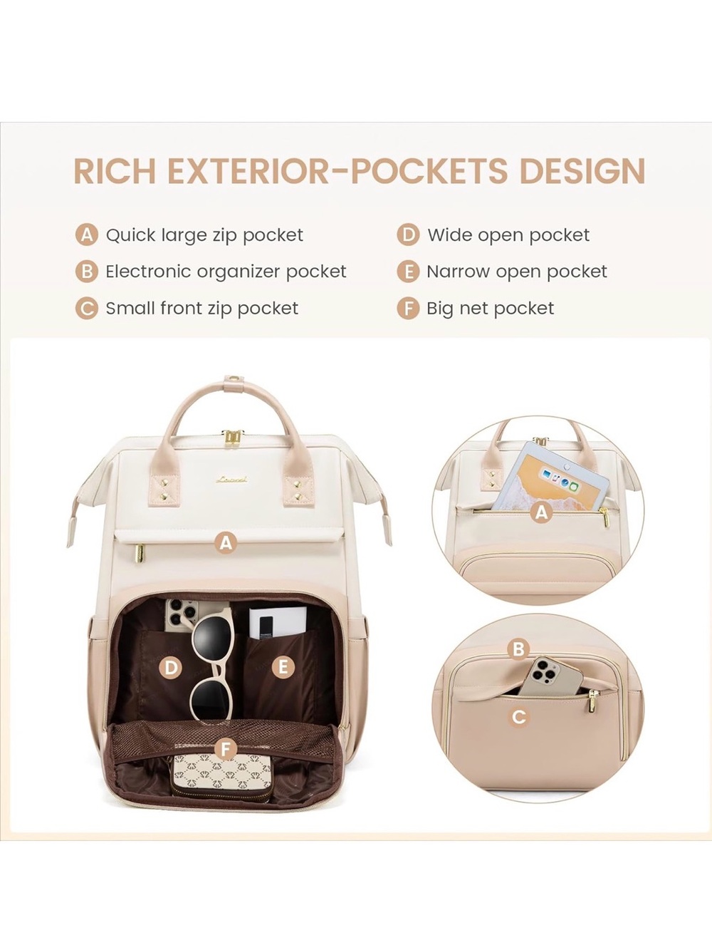 Women's Two-Tone Cream & Blush Backpack - Picture 5 of 6